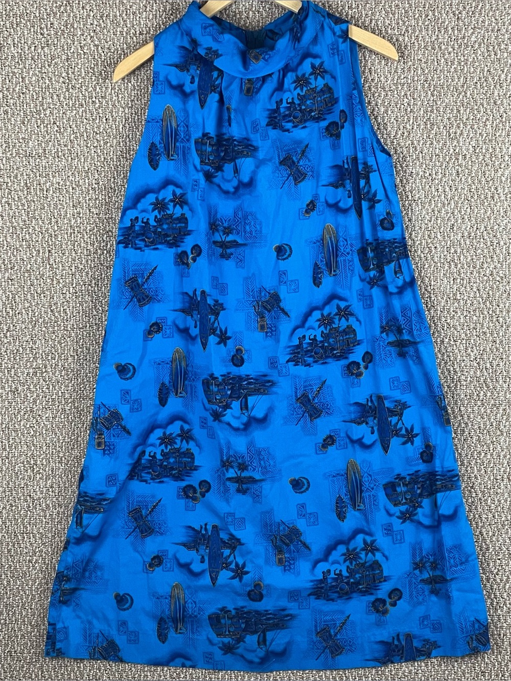 Vintage 1960s Ui-Maikai Dress Hawaiian Blue Print Sleeveless Beach Blue T330